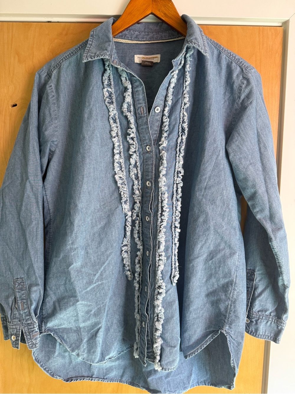 Pilcro by Anthropologie Light Blue Denim Ruffled Front women’s Shirt